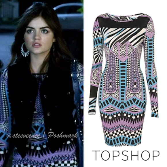 Topshop Aztec Print Pattern Bodycon Dress ASO Aria Montgomery - Picture 1 of 10